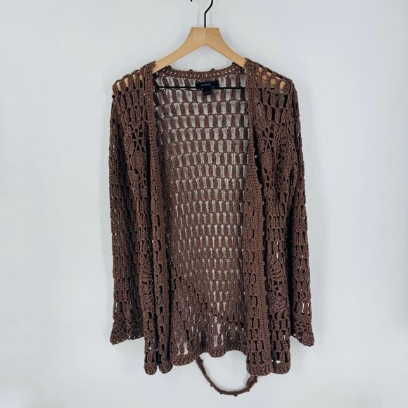 Y2K Express Brown Crochet Open Knit Cardigan Belted Boho Sweater Size L - Picture 8 of 8